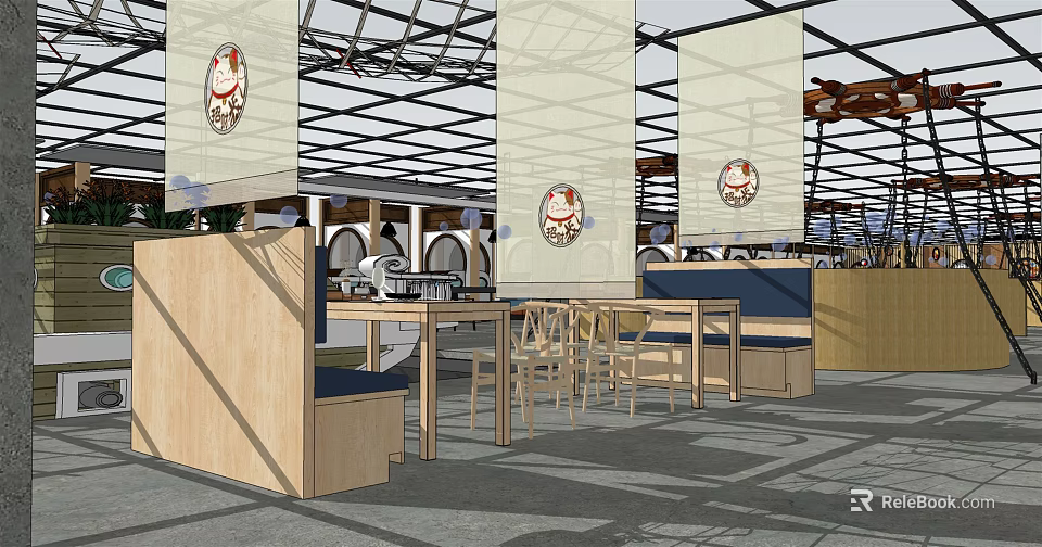 Traditional Japanese Restaurant Interior With Wooden Partitions Dining Tables And Seating Area 3d model 