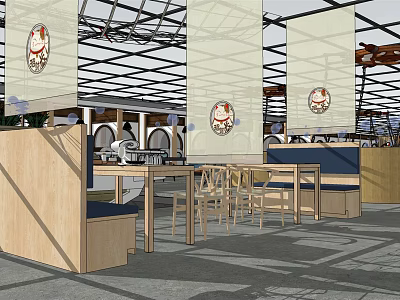 Traditional Japanese Restaurant Interior With Wooden Partitions Dining Tables And Seating Area 3d model