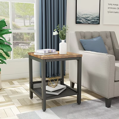 Wooden Top Metal Frame Side Table In Living Room By Gray Sofa With Blue Pillow 3d model