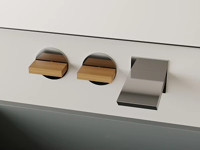 Modern Chrome Silver Faucet on White Countertop with Two Wooden Knobs 3d model