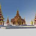 Traditional Thai Pagoda Complex With Golden Spires Red Accents And Circular Water Platform