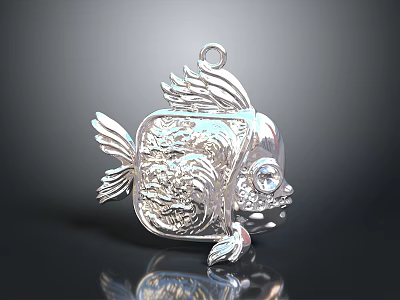 Elegant Silver Fish Shaped Pendant With Intricate Carving And Detailed Wings Design 3d model