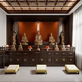 Traditional Buddhist Prayer Room Interior With Statues Altar And Cushions