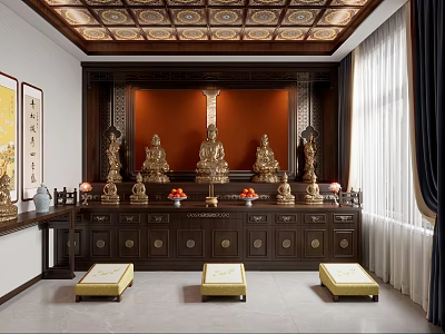Traditional Buddhist Prayer Room Interior With Statues Altar And Cushions 3d model