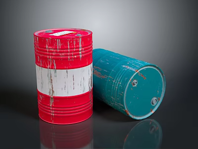 Red and Blue Weathered Drums Standing and Lying on Dark Surface 3d model