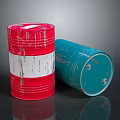 Red and Blue Weathered Drums Standing and Lying on Dark Surface