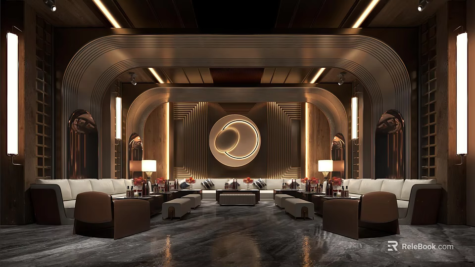 Luxurious KTV Interior Design With Comfortable Sofas Ambient Lighting And Circular Decor 3d model 