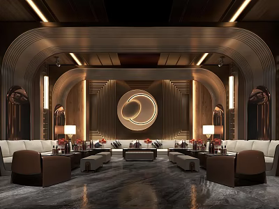 Luxurious KTV Interior Design With Comfortable Sofas Ambient Lighting And Circular Decor 3d model