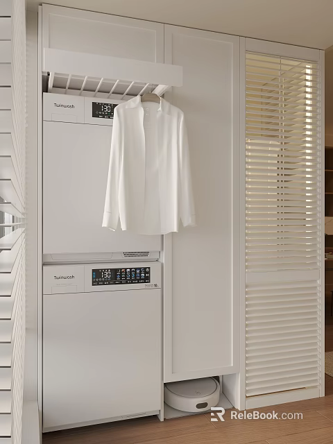 Clean Modern Entryway Interior With Hanging White Shirt Louvered Blinds And Whirlpool Washer Dryer 3d model 