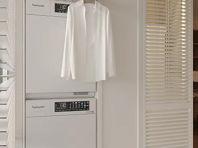 Clean Modern Entryway Interior With Hanging White Shirt Louvered Blinds And Whirlpool Washer Dryer 3d model
