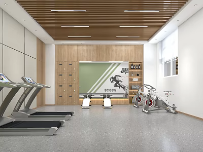 Modern Fitness Gym Interior With Treadmills Exercise Bikes Wooden Ceiling Lockers And Wall Decor 3d model