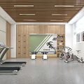 Modern Fitness Gym Interior With Treadmills Exercise Bikes Wooden Ceiling Lockers And Wall Decor