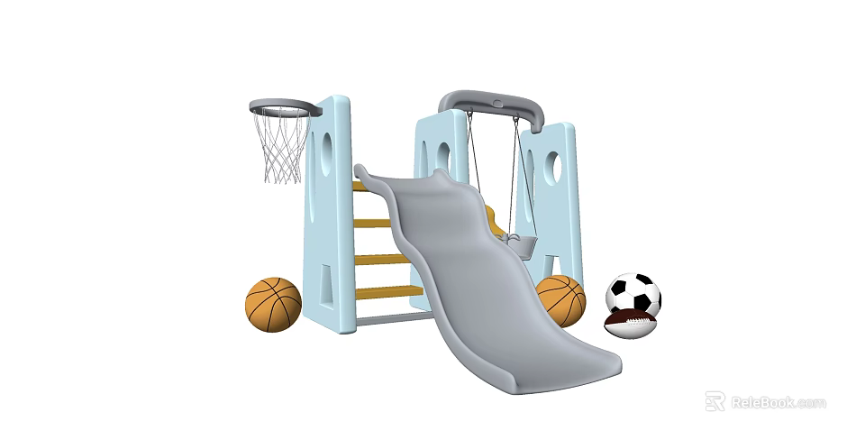 Outdoor Kids Playground Equipment With Slide Swing Basketball Hoop And Sports Balls 3d model 