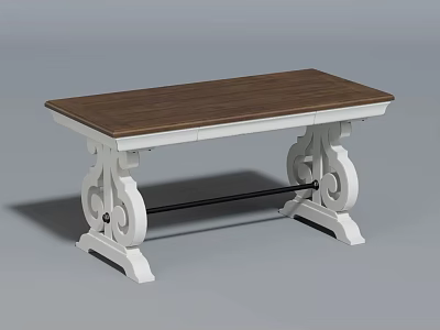 Classic Style Desk With Brown Wooden Top And White Carved Legs 3d model