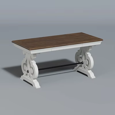 Classic Style Desk With Brown Wooden Top And White Carved Legs 3d model