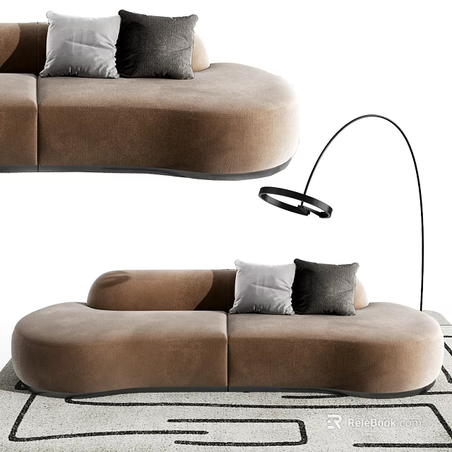 Modern Multi Person Brown Velvet Sofa With Gray White Pillows And Floor Lamp 3d model 