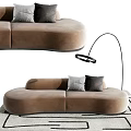 Modern Multi Person Brown Velvet Sofa With Gray White Pillows And Floor Lamp