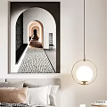 Modern Bedroom Interior Design With Arch Wall Art Round Pendant Lights Pillows And Brown Ottoman