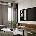 Elegant Modern Living Dining Room Interior With TV Wall Bookshelves Chandelier And Green Plant