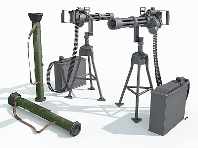 Military Weapons Including Tripod Mounted Machine Guns Rocket Launcher and Ammunition Cases 3d model