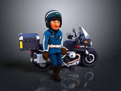 Police Officer In Blue Uniform Standing Next To Patrol Motorcycle With Storage Box 3d model