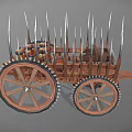 Ancient War Chariot Featuring Wooden Structure Spikes Large Wheels And Jars
