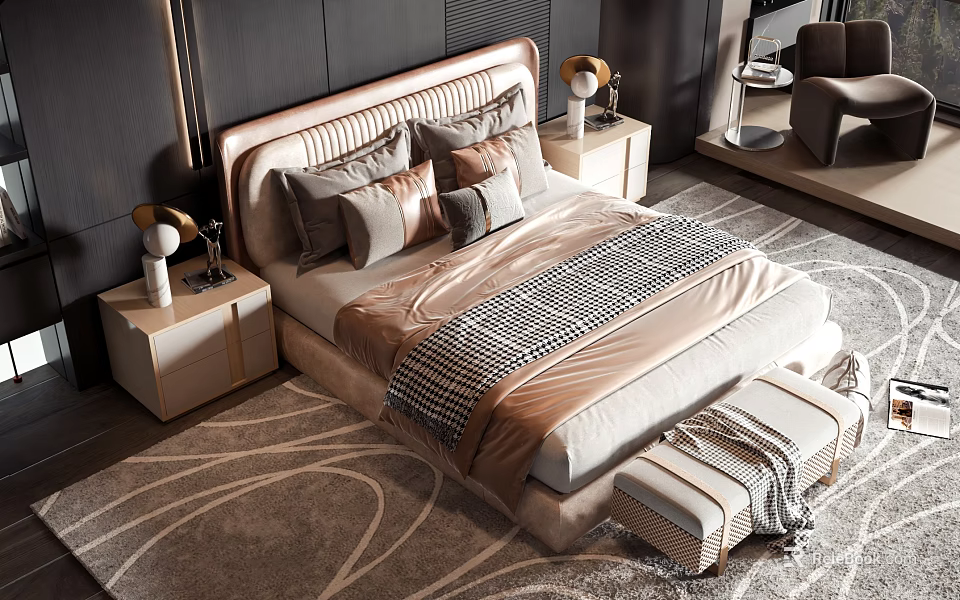 Elegant Modern Double Bed Design With Upholstered Headboard Multiple Pillows Nightstands And Bench 3d model 