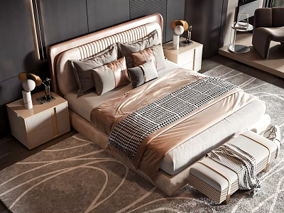 Elegant Modern Double Bed Design With Upholstered Headboard Multiple Pillows Nightstands And Bench 3d model