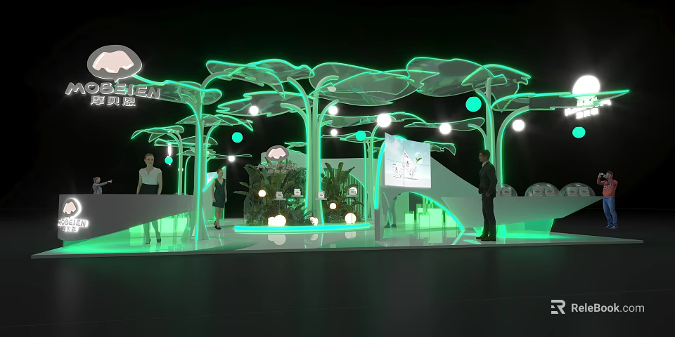 Green Leaf Shaped Exhibition Booth 2024 With Lighting Staff And Display Board 3d model 