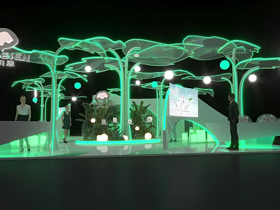 Green Leaf Shaped Exhibition Booth 2024 With Lighting Staff And Display Board 3d model