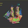 Pirate Ship Model With Brown Hull Green Bottom Multiple Sails And Black Flag