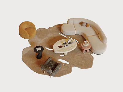 Modern Curved Sofa and Coffee Table Set With Round Table Soft Rug And Accent Chairs 3d model