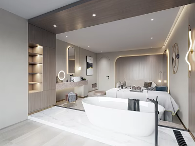 Modern SPA Space With Bathtub Cozy Bed And Chic Decor 3d model