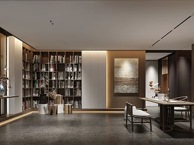 Elegant Modern Office Interior Design With Bookshelves Desk Chairs And Artwork Lighting 3d model