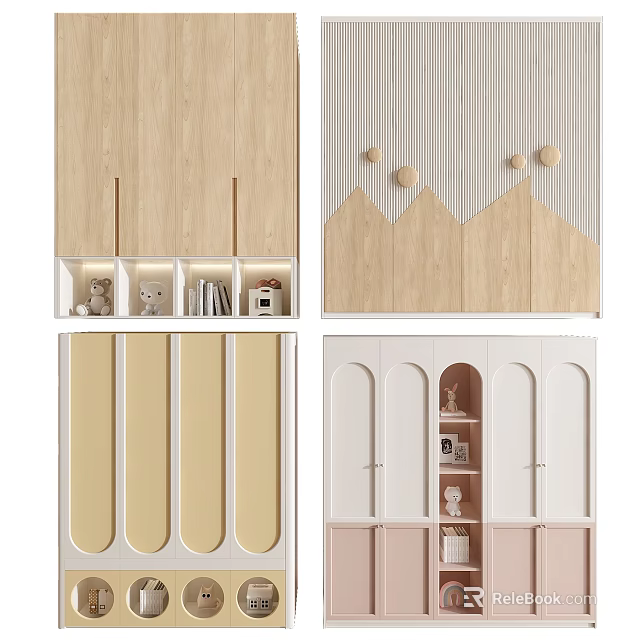 Modern Wooden Wardrobe Design with Arched Doors Open Shelves and Decorative Pastel Colors 3d model 
