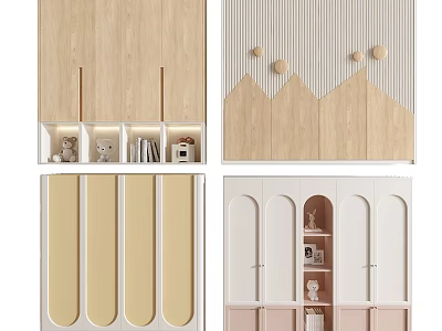 Modern Wooden Wardrobe Design with Arched Doors Open Shelves and Decorative Pastel Colors 3d model