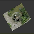 Detailed 3D Windmill Model With Stone Base Surrounding Green Plants And Path