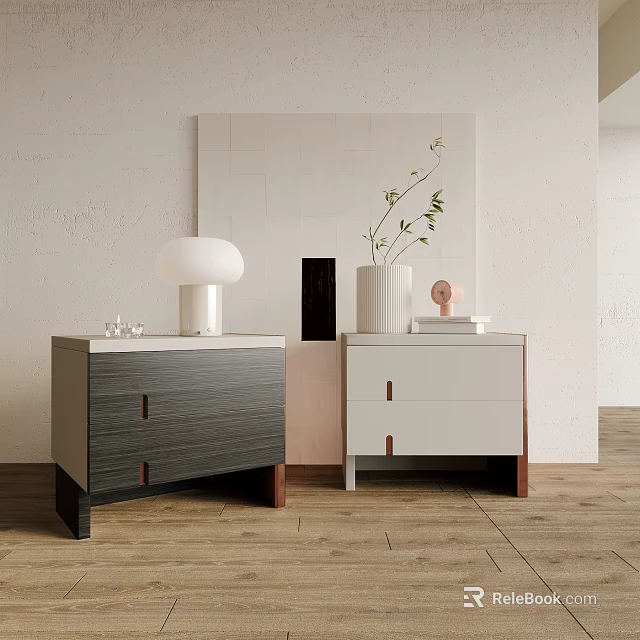 Modern Bedside Tables With Dark Grey White Light Wood Design Lamp Vase Plant Books Decor 3d model 