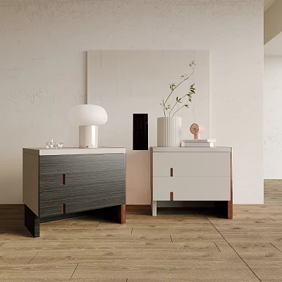Modern Bedside Tables With Dark Grey White Light Wood Design Lamp Vase Plant Books Decor 3d model