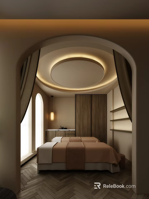 Modern SPA Sauna Room With Arched Windows Wooden Cabinets Beds And Circular Ceiling Light Strips 3d model 