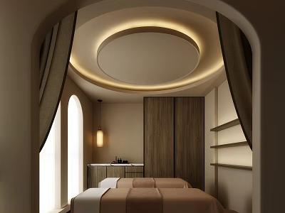 Modern SPA Sauna Room With Arched Windows Wooden Cabinets Beds And Circular Ceiling Light Strips 3d model