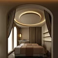 Modern SPA Sauna Room With Arched Windows Wooden Cabinets Beds And Circular Ceiling Light Strips