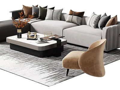 Light Gray Sofa Coffee Table Set With Multiple Throw Pillows Beige Armchair And Striped Rug 3d model