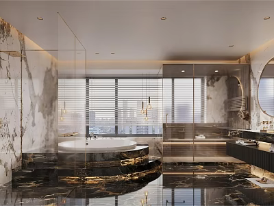 Luxurious Modern Bathroom Interior With Marble Surfaces Bathtub And Slatted Blinds 3d model