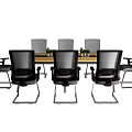 Modern Office Conference Table With Wooden Top Eight Ergonomic Chairs Laptop Computers And Green Plants
