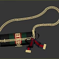 Stylish Black Handbag With Green Red Stripes Golden Buckle Chain And Bow Ribbon