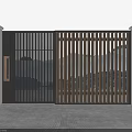 Modern Metal Gate With Vertical Slat Design Stone Pillars Wall Lamps And Green Landscape