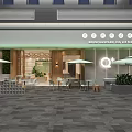 Brunch Cafe Outdoor Seating Area With Umbrellas Tables Chairs And Green Plants