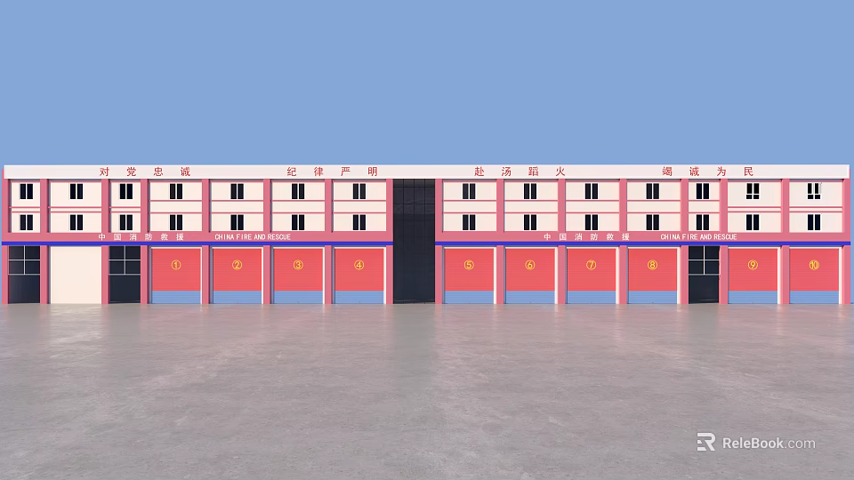 Modern Red Fire Station Exterior With Multiple Garage Bays And White Facade Windows 3d model 