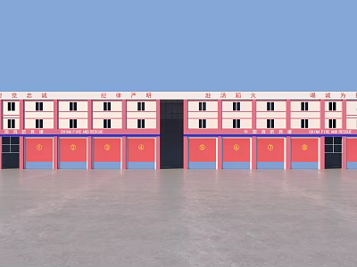 Modern Red Fire Station Exterior With Multiple Garage Bays And White Facade Windows 3d model